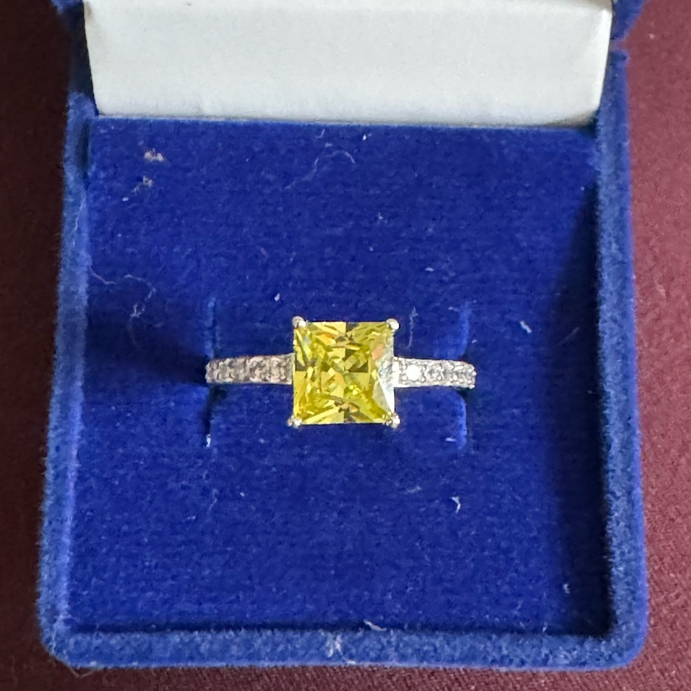 Princess Cut Yellow Stone Ring, Size 9